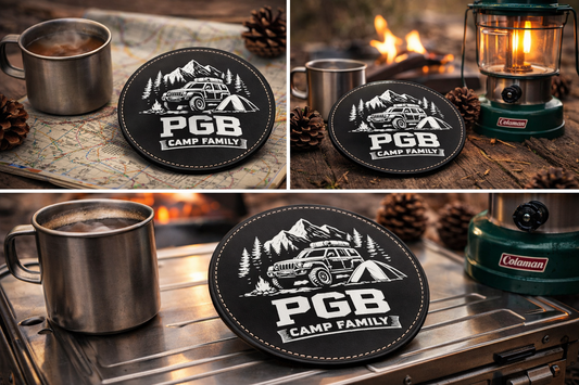 4er Set Kunstleder-Untersetzer – PGB Camp Family – Ø 10 cm