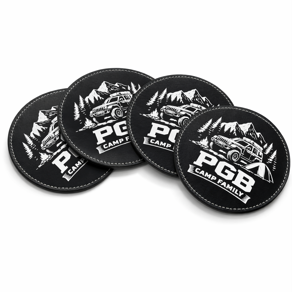 4er Set Kunstleder-Untersetzer – PGB Camp Family – Ø 10 cm