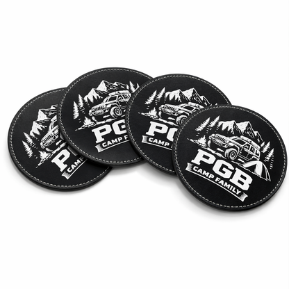 4er Set Kunstleder-Untersetzer – PGB Camp Family – Ø 10 cm