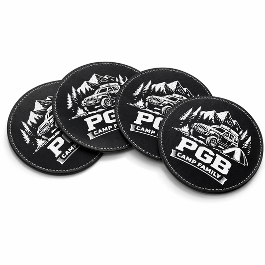 4er Set Kunstleder-Untersetzer – PGB Camp Family – Ø 10 cm