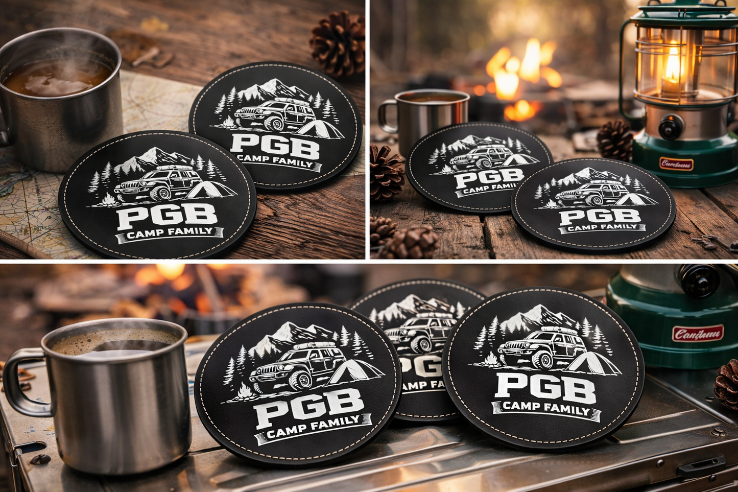 4er Set Kunstleder-Untersetzer – PGB Camp Family – Ø 10 cm