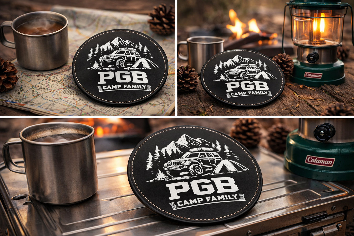 4er Set Kunstleder-Untersetzer – PGB Camp Family – Ø 10 cm