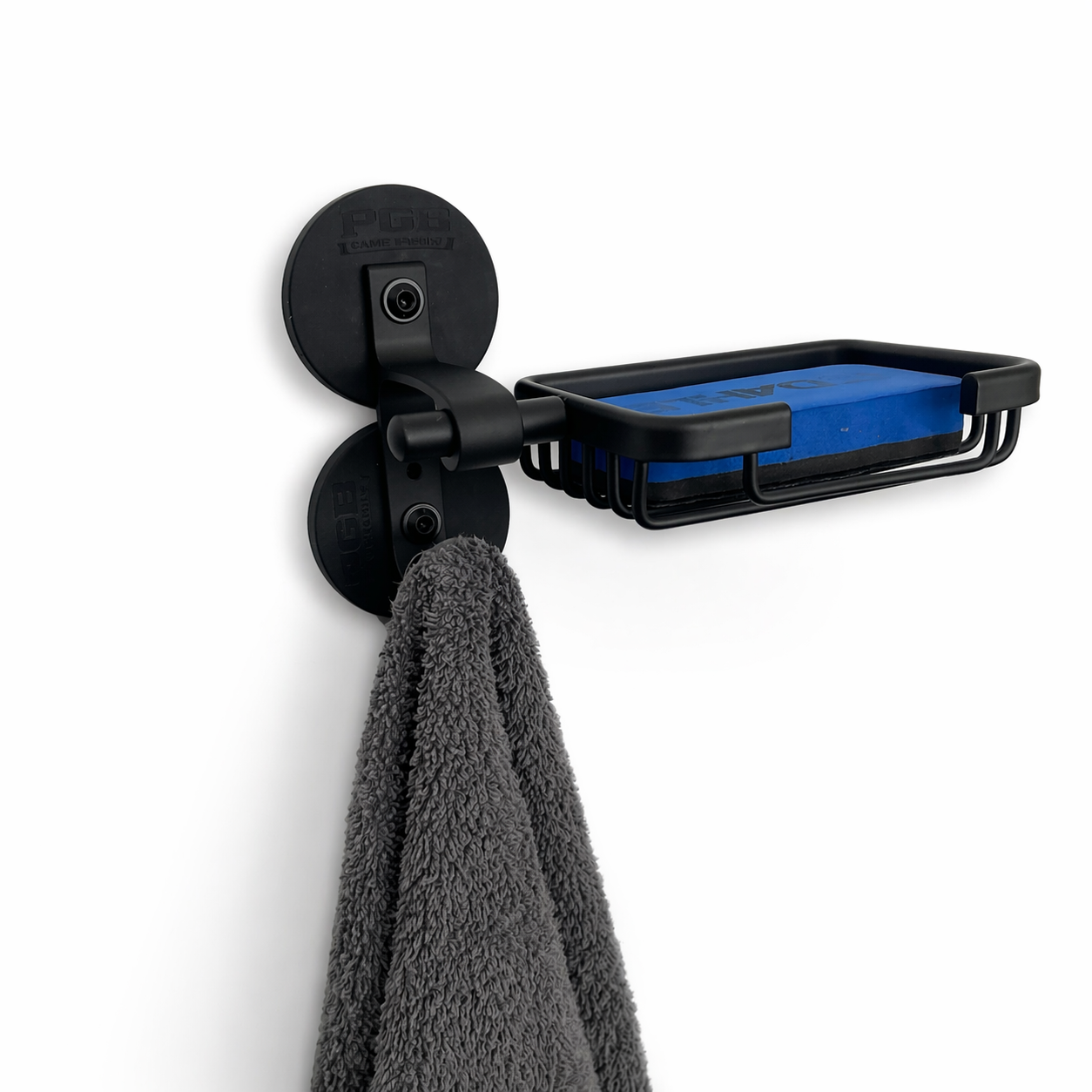 Magnetischer Seifenhalter mit Handtuchhalter – Aluminium, schwarz, mit Ablauf,  - PGB Campfamily