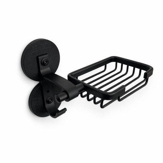 Magnetischer Seifenhalter mit Handtuchhalter – Aluminium, schwarz, mit Ablauf,  - PGB Campfamily